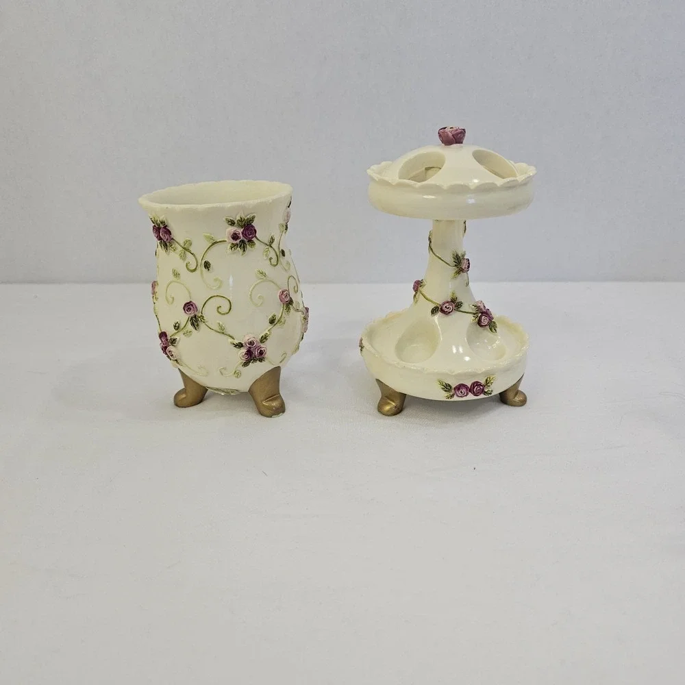 VTG Wamsutta Springs Bath RM Cup & Tooth Brush Holder -Hand Painted Floral/Vines